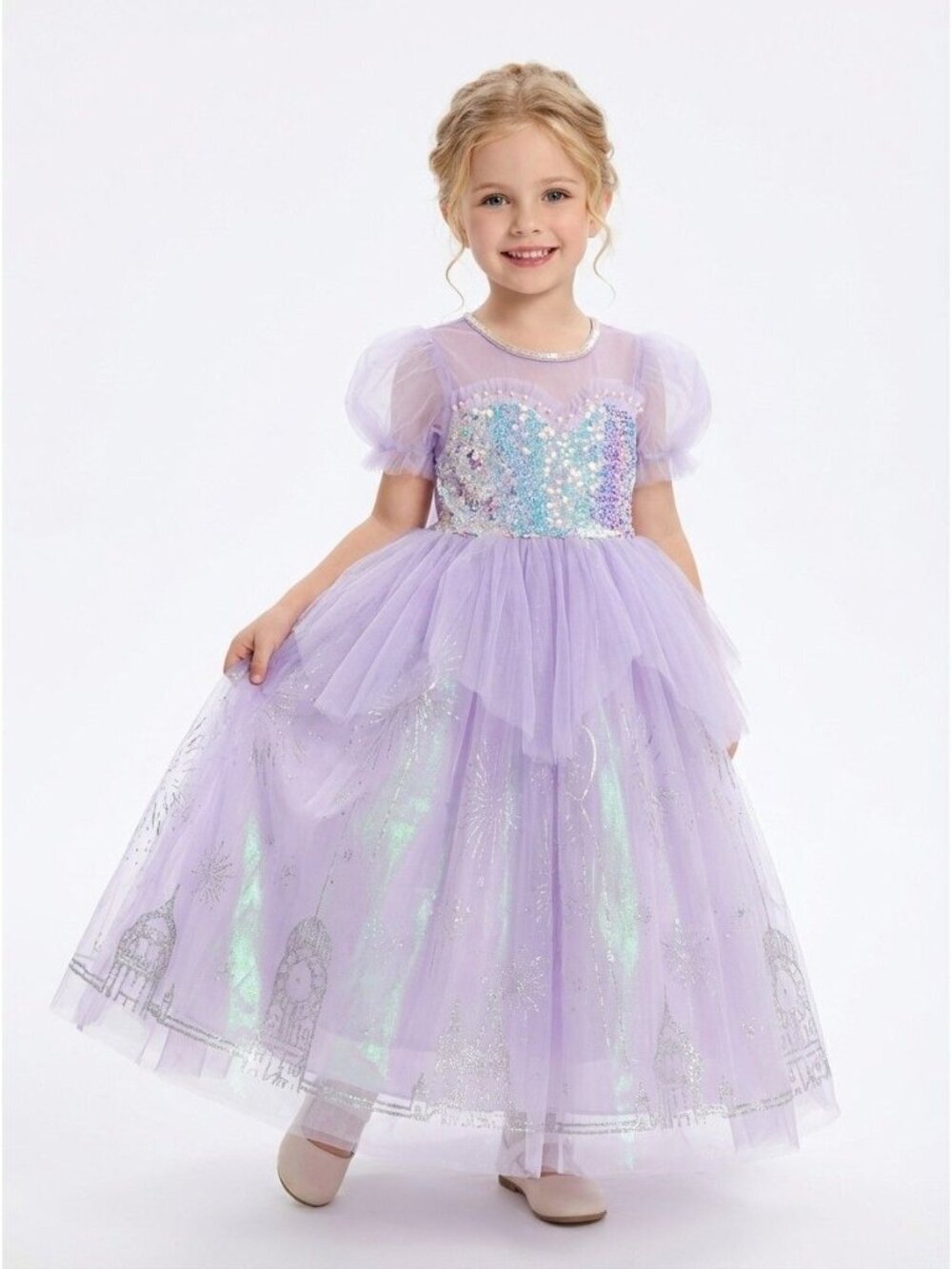 Girls Fairy Tale Princess Dress Lavender Sequin Tulle Castle Birthday Party